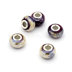 Rondelle Handmade Porcelain Large Hole European Beads, with Platinum Tone Brass Double Cores, Lemon Chiffon, 15x10mm, Hole: 5mm
