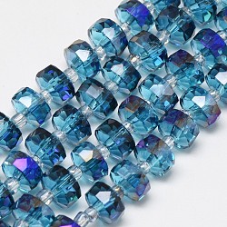 Abalorios de vidrio electroplate hebras, arco iris chapado, facetados, plano y redondo, azul real, 10x6mm, agujero: 1.5 mm, aproximamente 60 pcs / cadena, 18.9 pulgada