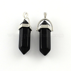 Black Stone Pendants with Alloy Findings, Platinum, 40~42x13.5x10mm, Hole: 2mm