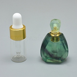 Colgantes de botella de perfume que se pueden abrir con fluorita natural facetada, Con Fornituras de latón y botellas de aceite esencial de vidrio, 44~50x28x18.5~20.5mm, agujero: 1.2 mm, capacidad de la botella de vidrio: 3 ml (0.101 fl. oz), capacidad de piedras preciosas: 1 ml (0.03 onzas líquidas)