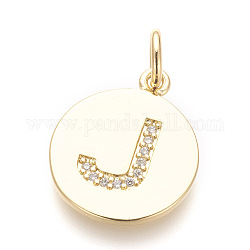 Brass Micro Pave Cubic Zirconia Pendants, Lead Free & Cadmium Free, Flat Round with Letter, Golden, Letter.J, 17.5x15x1.5mm, Hole: 3mm