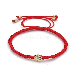 Bracelets réglables de perles tressées avec cordon en nylon, bracelets ficelle rouge, avec 304 perles rondes en acier inoxydable et des perles de zircone cubique en laiton, hamsa main / main de fatima / main de miriam, rouge, or, diamètre intérieur: 2-3/8~4 pouce (6.2~10.2 cm)