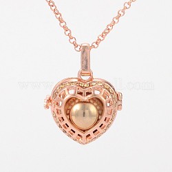 Rose Gold Plated Brass Rhinestone Cage Pendants, Chime Ball Pendants, Hollow Heart, with No Hole Spray Painted Brass Round Ball Beads, BurlyWood, 28x27x15mm, Hole: 3x8mm