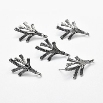 Brass Stud Earring Findings, with Loop, Branch, Gunmetal, 27x17mm, Hole: 2mm, Pin: 0.6mm