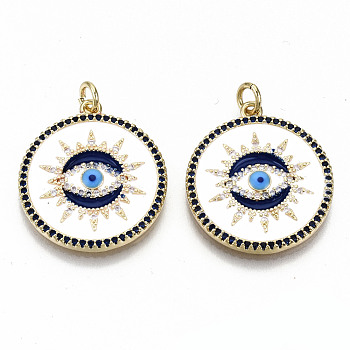 Brass Micro Pave Colorful Cubic Zirconia Pendants, with Jump Rings and Enamel, Nickel Free, Flat Round with Evil Eye, Colorful, 24x21.5x2.5mm, Jump Ring: 5x1mm, 3mm inner diameter