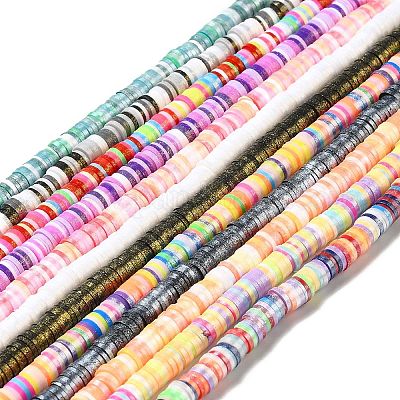 Handmade Polymer Clay Beads Strands, with Glitter Powder, Flat Round/Disc,  Mixed Color, 6x0.2~1.4mm, Hole: 1.8~2mm, about 364~366pcs/strand