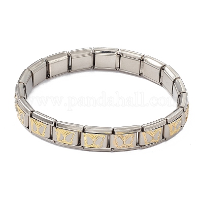 Tile Bracelet 304 Stainless Steel Rectangle Beaded Stretch Bracelet for Women Stainless Steel Color Butterfly Pattern Inner Diameter 2