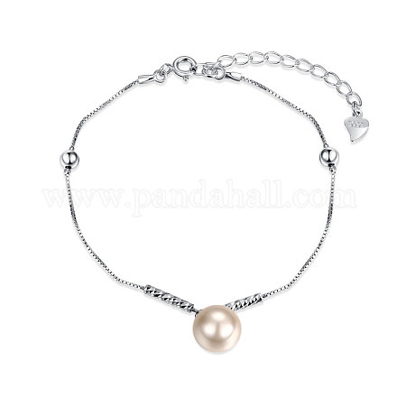スターリングシルバーシェル真珠のボールチャームブレスレット  スプリングリングの留め金と  アンティークホワイト  銀  7-7/8インチ（20cm） BJEW-BB03054-A-1
