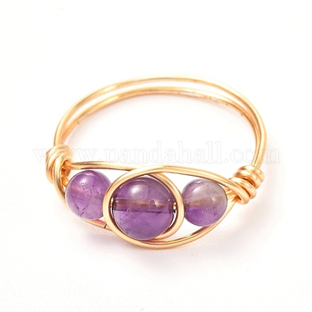 Copper Wire Wrapped Natural Amethyst Braided Bead Rings for Women RJEW-JR00387-02-1