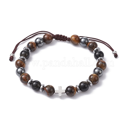Bracelets en perles tressées en œil de tigre naturel BJEW-JB09704-02-1