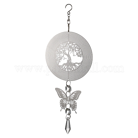 Butterfly 201 Stainless Steel 3D Wind Spinner with Glass Pendant HJEW-E011-01P-01-1