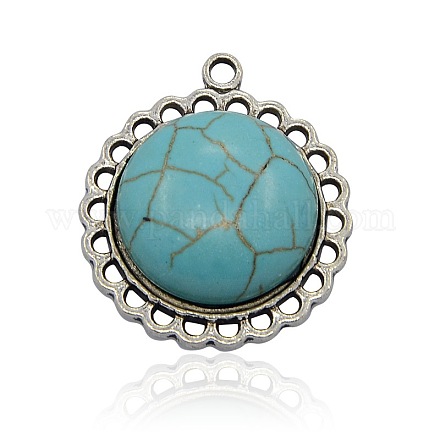 Antique Silver Tone Alloy Synthetic Turquoise Pendants PALLOY-J422-01AS-1