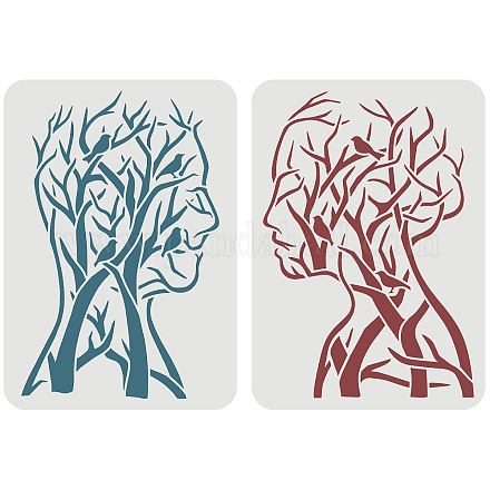 FINGERINSPIRE 2PCS Tree of Life Stencil 29.7x21cm Man Woman Painting Stencil Branch Bird Craft Stencils Human Shape Tree Stencil Template for Painting on Wood Wall Fabric Home Decor DIY-WH0172-917-1