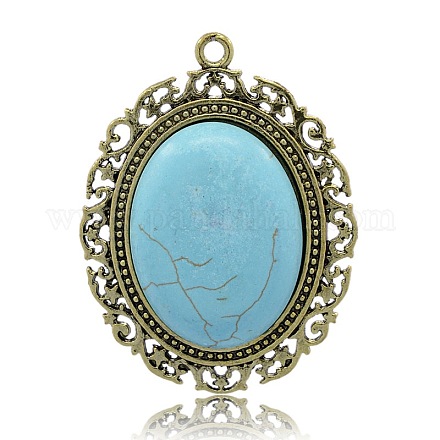 Antique Bronze Tone Alloy Synthetic Turquoise Oval Big Pendant PALLOY-J090-09AB-NF-1