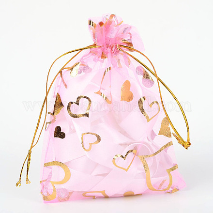 ハートプリントオーガンジーバッグ巾着袋  結婚式の好意バッグ  好意バッグ  ギフトバッグ  長方形  桃パフ  14x10cm OP-R022-10x15-02-1