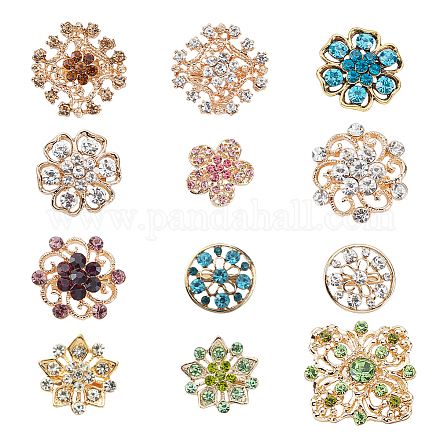 NBEADS 12 Pcs 7 Styles Multi-Color Zircon Rhinestone Buttons Flower Crystal Buttons JEWB-NB0001-17-1