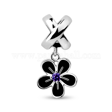 TINYSAND Rhodium Plated 925 Sterling Silver Flower European Dangle Charms TS-P-022-1
