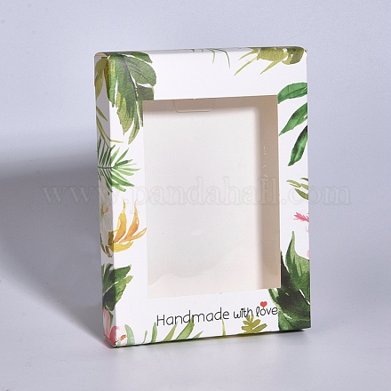 折りたたみクリエイティブクラフト紙箱  紙ギフトボックス  クリアウィンドウ付き  フラミンゴ模様の長方形  ホワイト  14.6x10.5x2.6cm CON-G007-04A-03-1