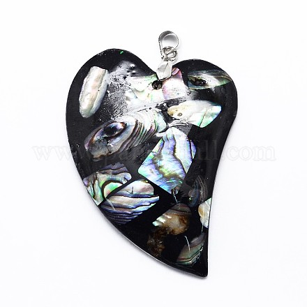 Laiton paua coquille coeur gros pendentifs SSHEL-F0006-53-1