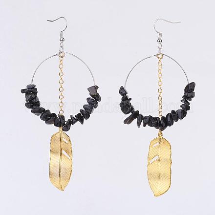 Brass Synthetic Black Stone Dangle Earrings EJEW-JE02486-01-1