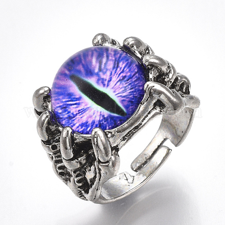 調節可能な合金ガラス指輪  ワイドバンドリング  ドラゴンアイ  青紫色  サイズ10  20mm RJEW-T006-02C-1