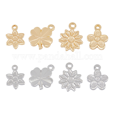HOBBIESAY 48Pcs 8 Styles Flower Clover Charms Real Gold Platinum Plated Pendants Charms Brass Golden Silver Rack Plating Dangle Charms for DIY Crafting Necklaces Bracelets Earrings Making KK-HY0001-48-1
