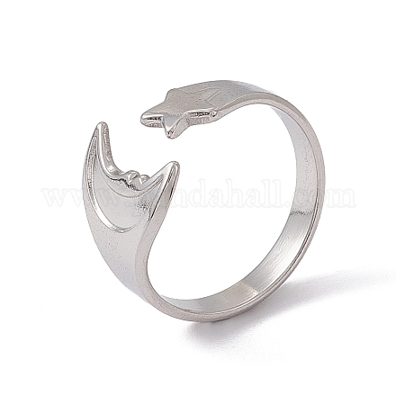 304 Stainless Steel Moon & Star Open Cuff Ring for Women RJEW-C045-19P-1
