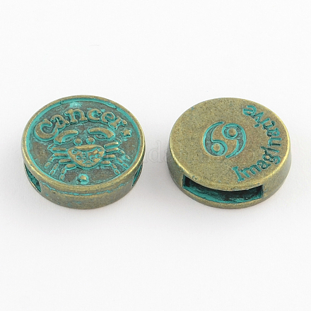 Antique Bronze & Green Patina Plated Flat Round Zinc Alloy Slide Charms X-PALLOY-Q307-07-NR-1