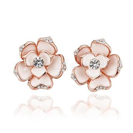 Flower Real Rose Gold Plated Tin Alloy Rhinestone Enamel Ear Studs For Women EJEW-BB13369-1