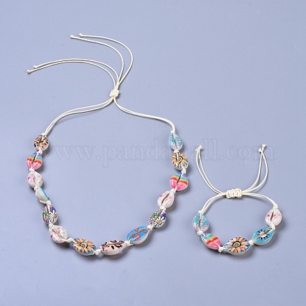 Adjustable Printed Cowrie Shell Beaded Necklace and Bracelets Sets SJEW-JS01020-1