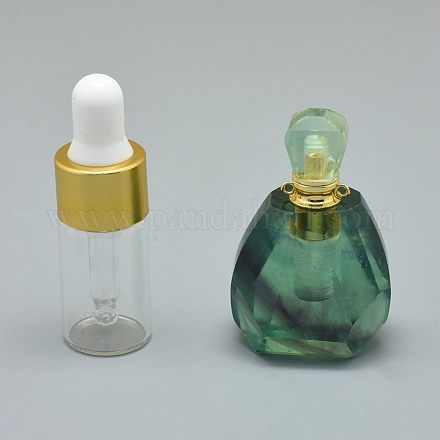 多面的な天然蛍石の開閉可能な香水瓶ペンダント  真鍮のパーツとガラスのエッセンシャルオイルのボトル  44~50x28x18.5~20.5mm  穴：1.2mm  ガラス瓶容量：3ml（0.101液量オンス）  宝石の容量：1ml（0.03液量オンス） G-E556-14A-1