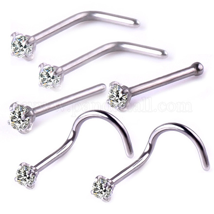 6Pcs 6 Style Clear Cubic Zirconia Nose Studs AJEW-PW0005-21P-1