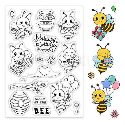 GLOBLELAND Happy Birthday Clear Stamps Bees Honey Honeycomb Silicone Clear Stamp Seals for Cards Making DIY Scrapbooking Photo Journal Album Decoration DIY-WH0167-56-851-1
