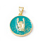 Rack Plating Brass Enamel Pendants, with Glitter Powder, Long-Lasting Plated, Real 18K Gold Plated, Flat Round with Rock Hand Gesture Charm, Turquoise, 21.5x16.5x3.5mm, Hole: 4x3mm