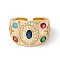Colorful Cubic Zirconia Oval with Sun Open Cuff Ring, Rack Plating Brass Jewelry for Women, Cadmium Free & Nickel Free & Lead Free, Real 18K Gold Plated, US Size 6 1/2(16.9mm)