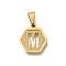 304 Stainless Steel Charms, Real 18K Gold Plated, Hexagon with Letter Charm, Letter M, 15x14x1.5mm, Hole: 3x5.5mm