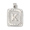 Rack Plating Brass Pendants, Long-Lasting Plated, Lead Free & Cadmium Free, Square with Letter Charms, Letter K, 24x17x2.5mm, Hole: 4x3.5mm