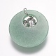 天然の緑のアベンチュリンの宝石のペンダント  真鍮ラインストーンのパーツと  フラットラウンド  花＆蝶  プラチナ  40x6~8mm  穴：14mm G-E338-03E-2