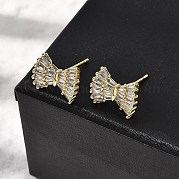Серьги-гвоздики с бантом из латуни с прозрачным кубическим цирконием EJEW-L261-016G