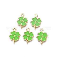 Acumular colgantes de esmalte de la aleación de chapado, Sin cadmio y níque y plomo, trébol, la luz de oro, verde lima, 19x13x1.5mm, agujero: 1.6 mm