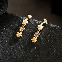 Boucles d'oreilles pendantes en forme de fleur en laiton, avec zircons, véritable 18k plaqué or, 27.3x6.3mm