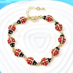 Braccialetti di fascino in ottone per le donne, coccinella, con smalto,  cadmio& piombo libero, placcatura cremagliera, vero placcato oro 18k, rosso, 7-1/4 pollice (18.5 cm)