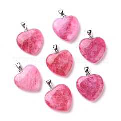 Ciondoli di quarzo naturale, fascino cuore, con aste in ottone placcato platino, tinto, rosa caldo, 27x25.5x7.5mm, Foro: 7.5x4 mm