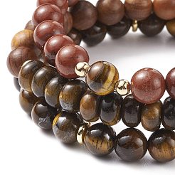 3 pièces 3 styles de jaspe rouge naturel & oeil de tigre & ensembles de bracelets extensibles en bois&nbsp;BJEW-JB08357