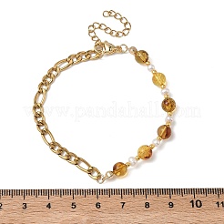 Pulseras de eslabones de cuentas de ámbar natural y perlas cultivadas de agua dulce&nbsp;BJEW-JB13694-01