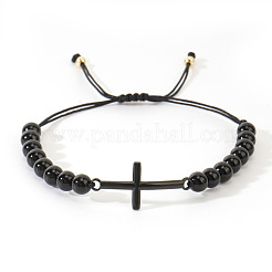 Braccialetti di perline intrecciate con perline rotonde in onice nero naturale&nbsp;LS-FL7803-4