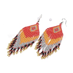 Rombo trenzado de semillas de vidrio con aretes de araña de borlas&nbsp;EJEW-H084-09P