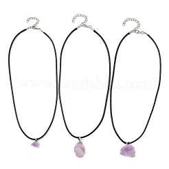 Colgante de pepitas de amatista natural en bruto con cordón de imitación de cuero negro para mujer.&nbsp;NJEW-JN06535