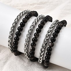 Pulseras multihebra con cuentas redondas de jaspe y hoja de plata natural&nbsp;BJEW-D330-02P-07