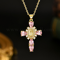 Elegante Messing Rose Strass Jungfrau Kreuz Anhänger Halsketten für Frauen&nbsp;CC4444